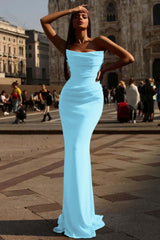 Strapless Prom Dress Red Sleeveless Pleated Mermaid Evening Formal Dress