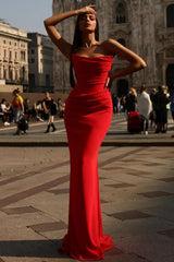 Strapless Prom Dress Red Sleeveless Pleated Mermaid Evening Formal Dress