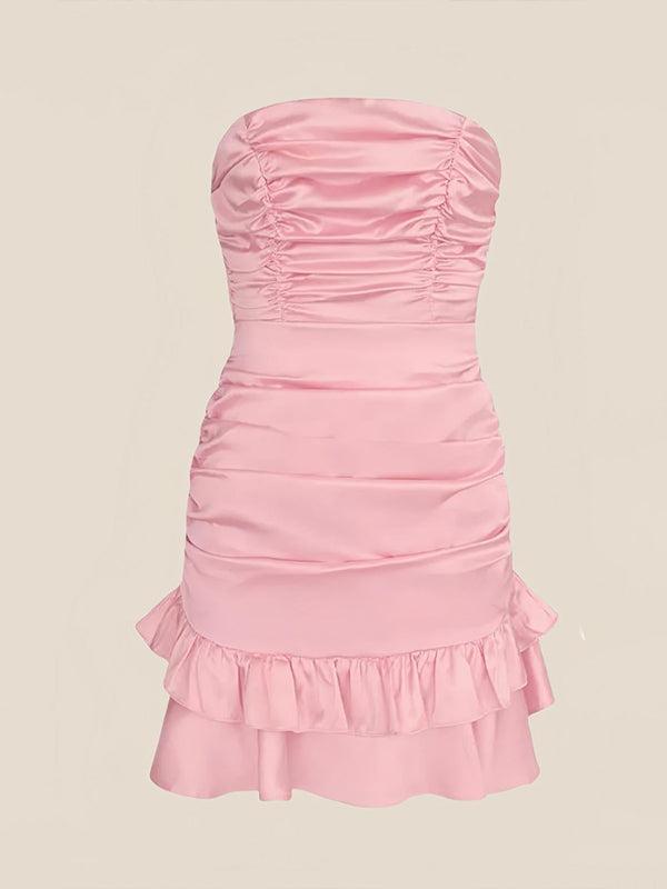 Strapless Ruched Bow Back Homecoming Dress with Ruffle