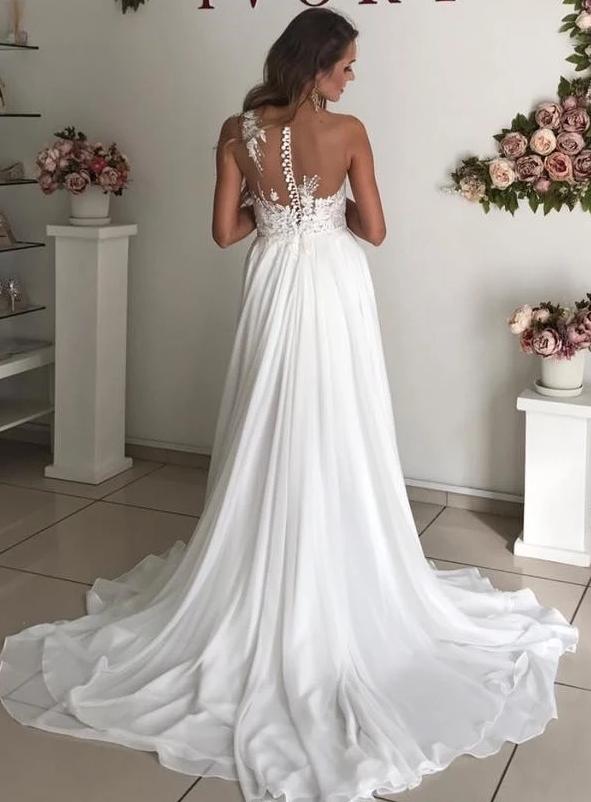 Strapless Sheer Tulle Chiffon Beach Wedding Dresses | Appliques A-line Beach Bridal Dresses