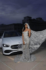 Strapless Silver Prom Dress Sequined Tulle Mermaid Formal Evening Dress