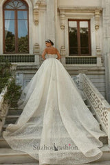Strapless Sleeveless Beaded Ball Gown Lace Up Cathedral Train Bridal Gown With Appliques