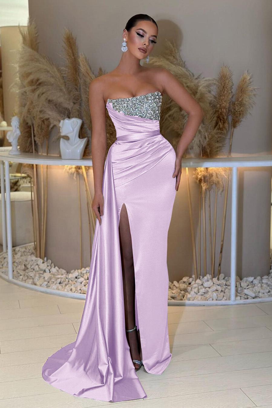 Strapless Sleeveless Beading Sleeveless Split Evening Formal Dress with Ruffled