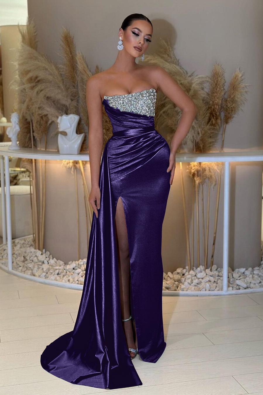 Strapless Sleeveless Beading Sleeveless Split Evening Formal Dress with Ruffled