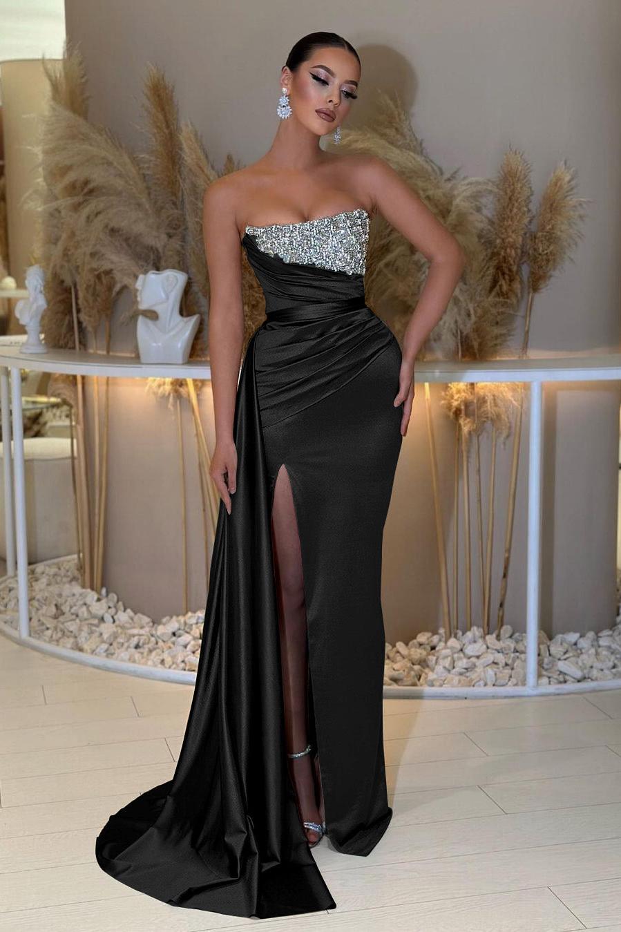 Strapless Sleeveless Beading Sleeveless Split Evening Formal Dress with Ruffled