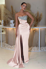Strapless Sleeveless Beading Sleeveless Split Evening Formal Dress with Ruffled