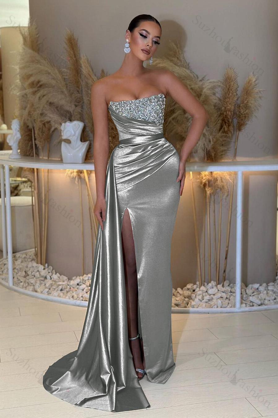 Strapless Sleeveless Beading Sleeveless Split Evening Formal Dress with Ruffled