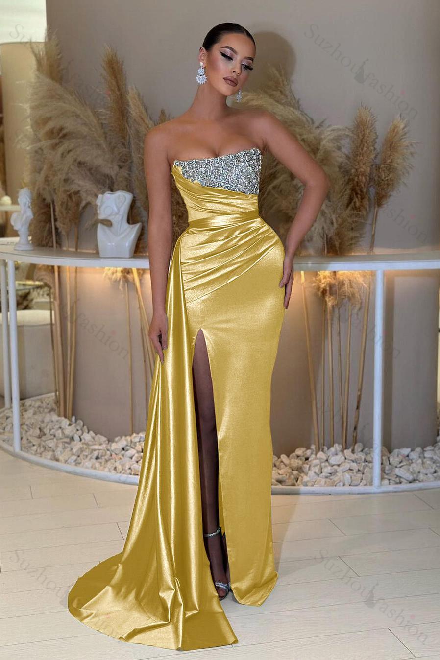 Strapless Sleeveless Beading Sleeveless Split Evening Formal Dress with Ruffled