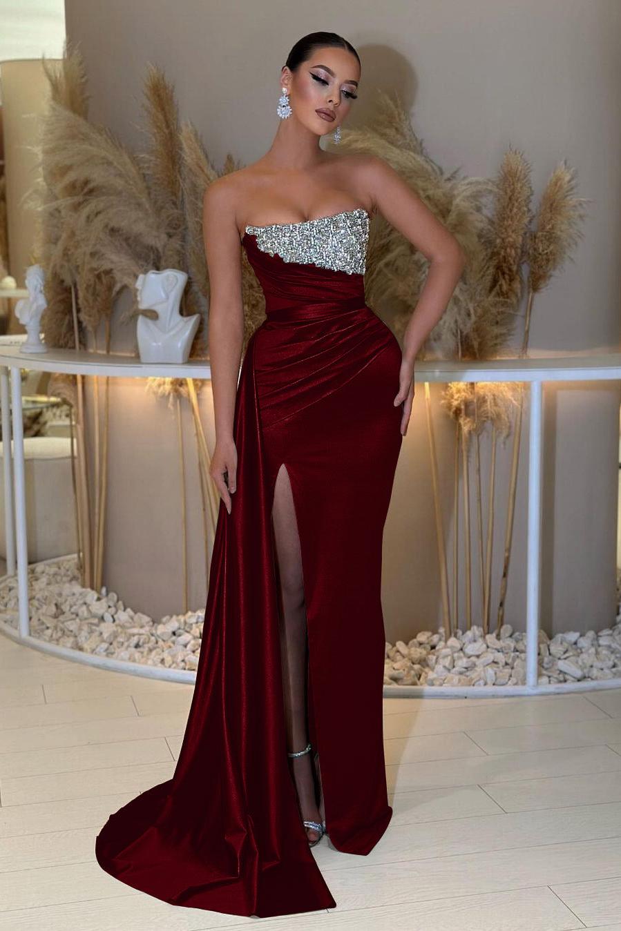 Strapless Sleeveless Beading Sleeveless Split Evening Formal Dress with Ruffled