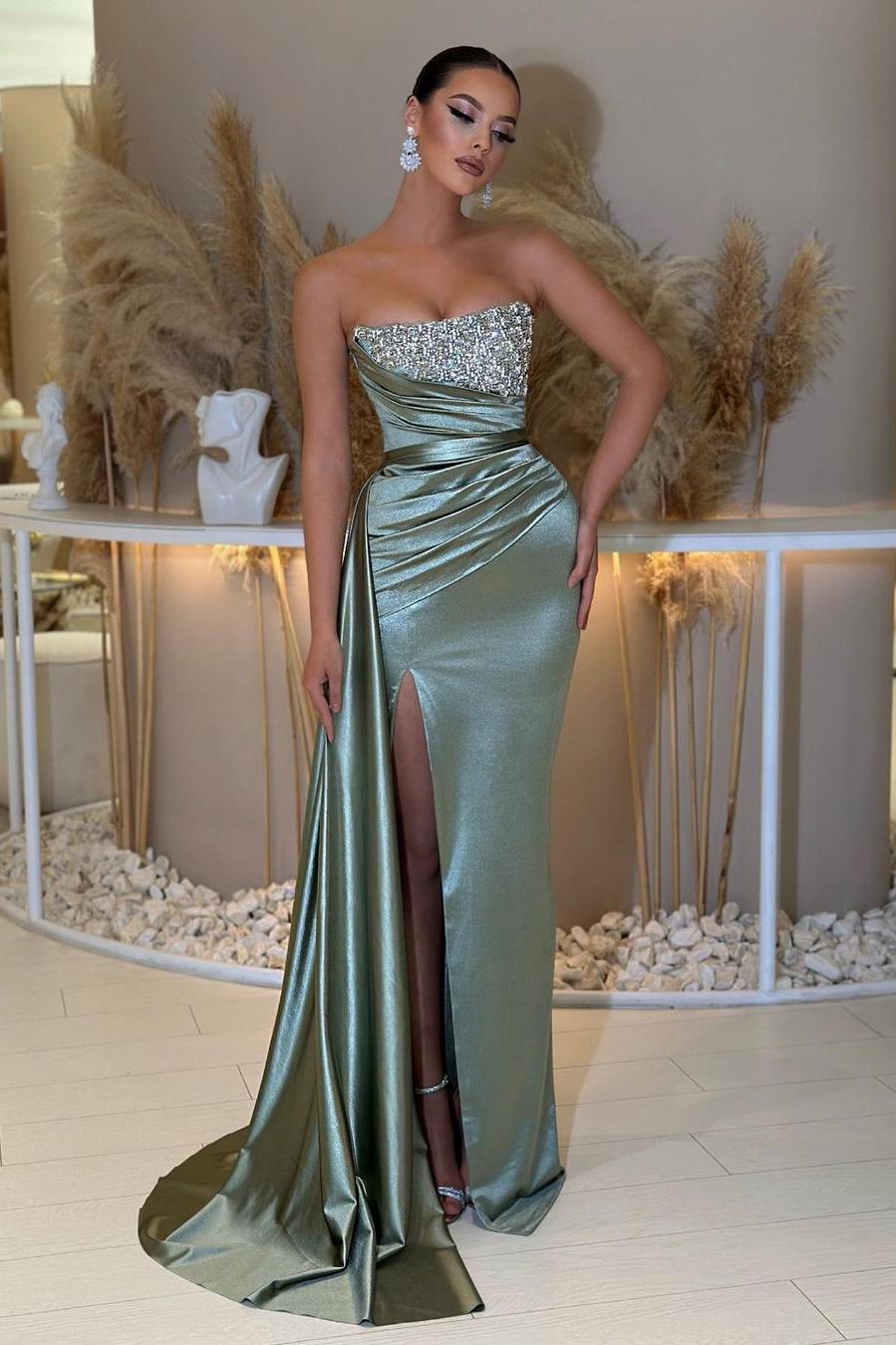 Strapless Sleeveless Beading Sleeveless Split Evening Formal Dress with Ruffled