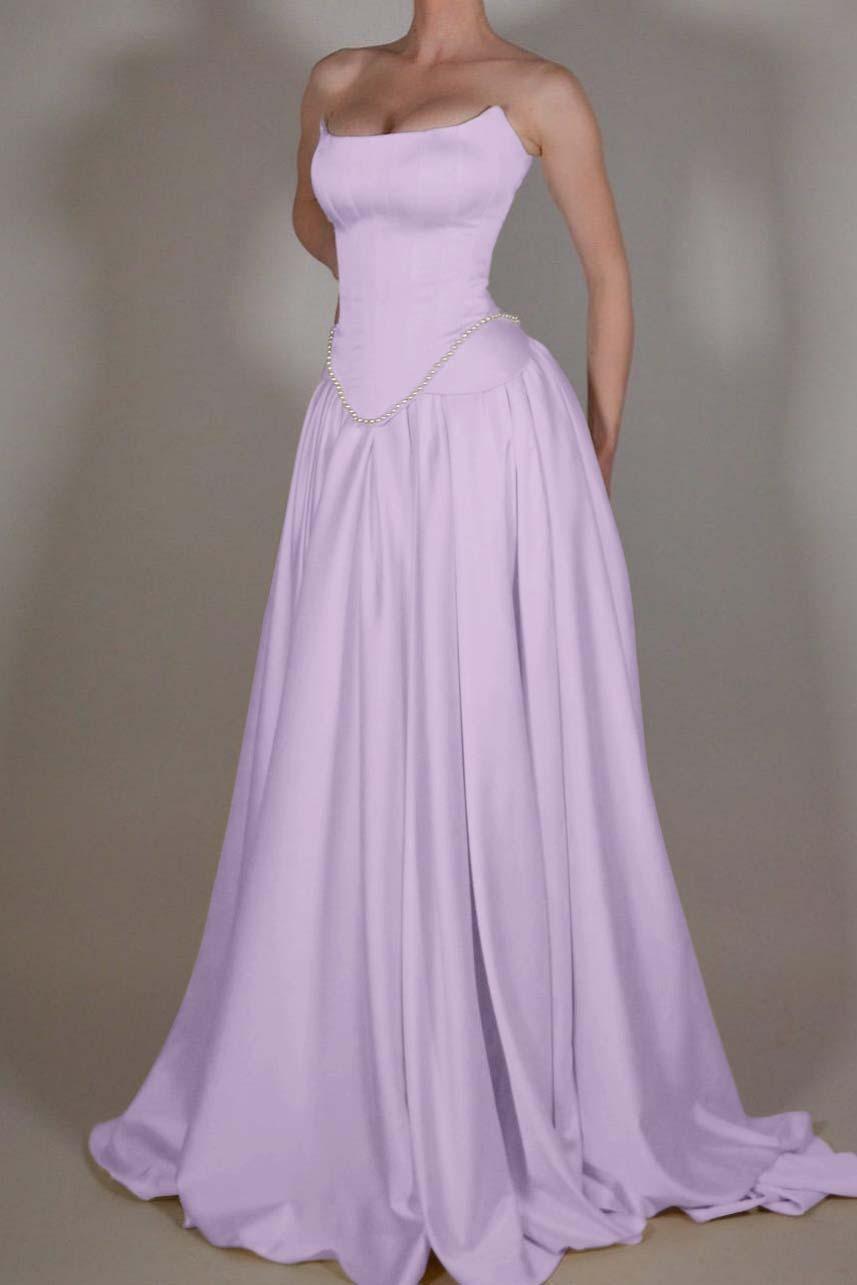 Strapless Sleeveless Long A Line Evening Formal Dress With Pleated Beading