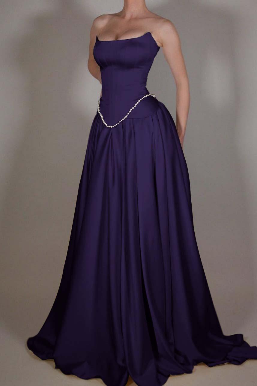 Strapless Sleeveless Long A Line Evening Formal Dress With Pleated Beading