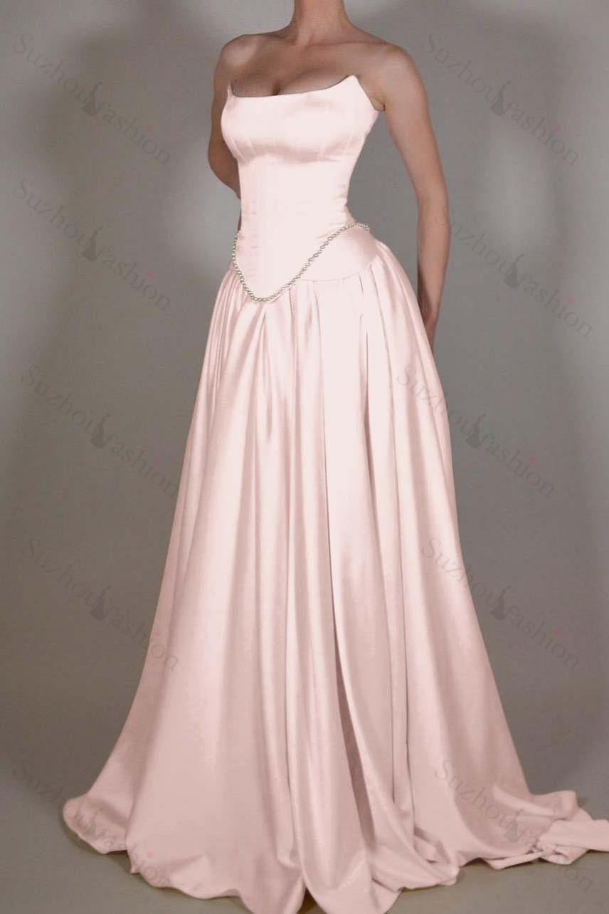 Strapless Sleeveless Long A Line Evening Formal Dress With Pleated Beading