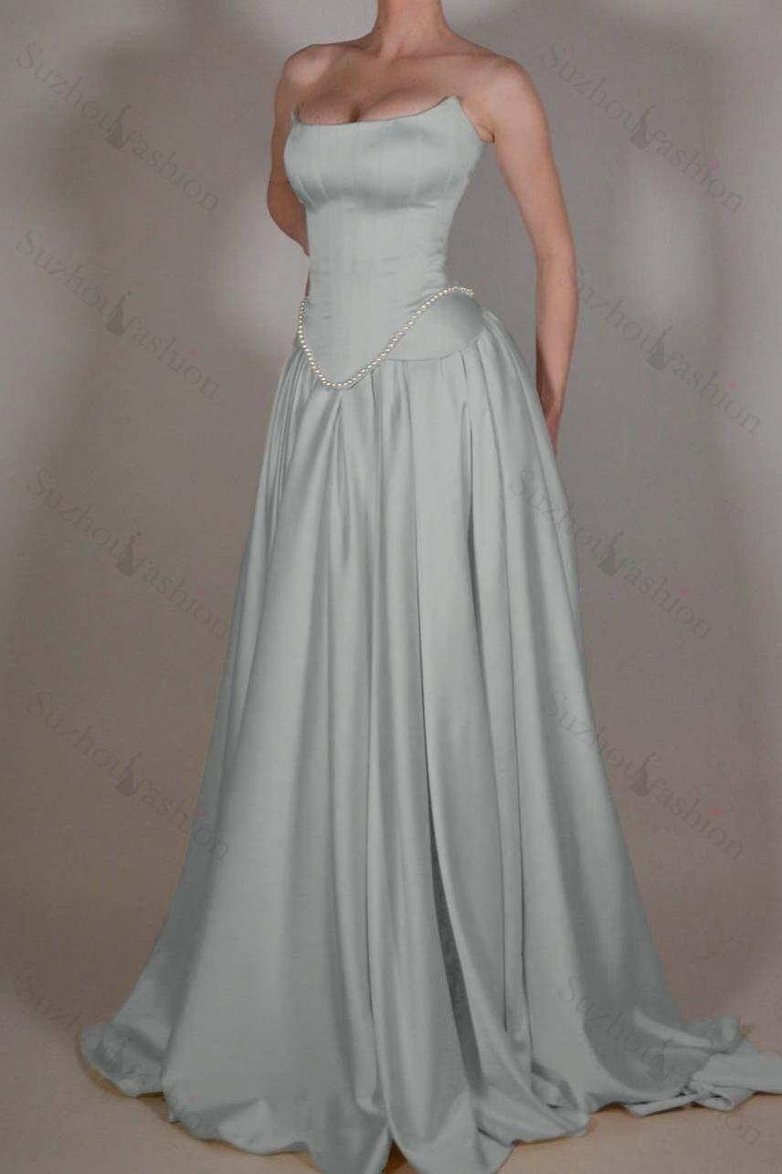 Strapless Sleeveless Long A Line Evening Formal Dress With Pleated Beading