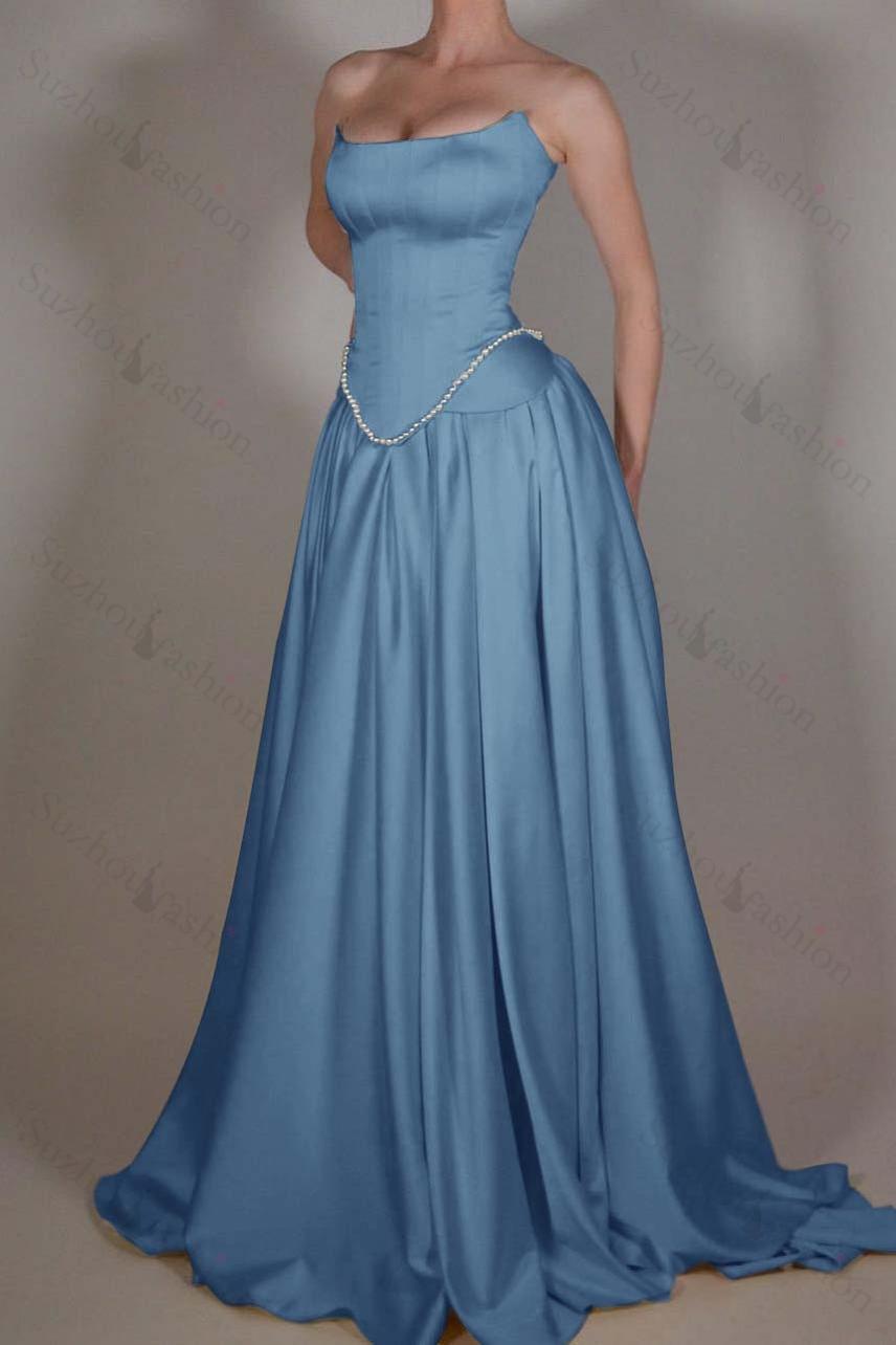 Strapless Sleeveless Long A Line Evening Formal Dress With Pleated Beading