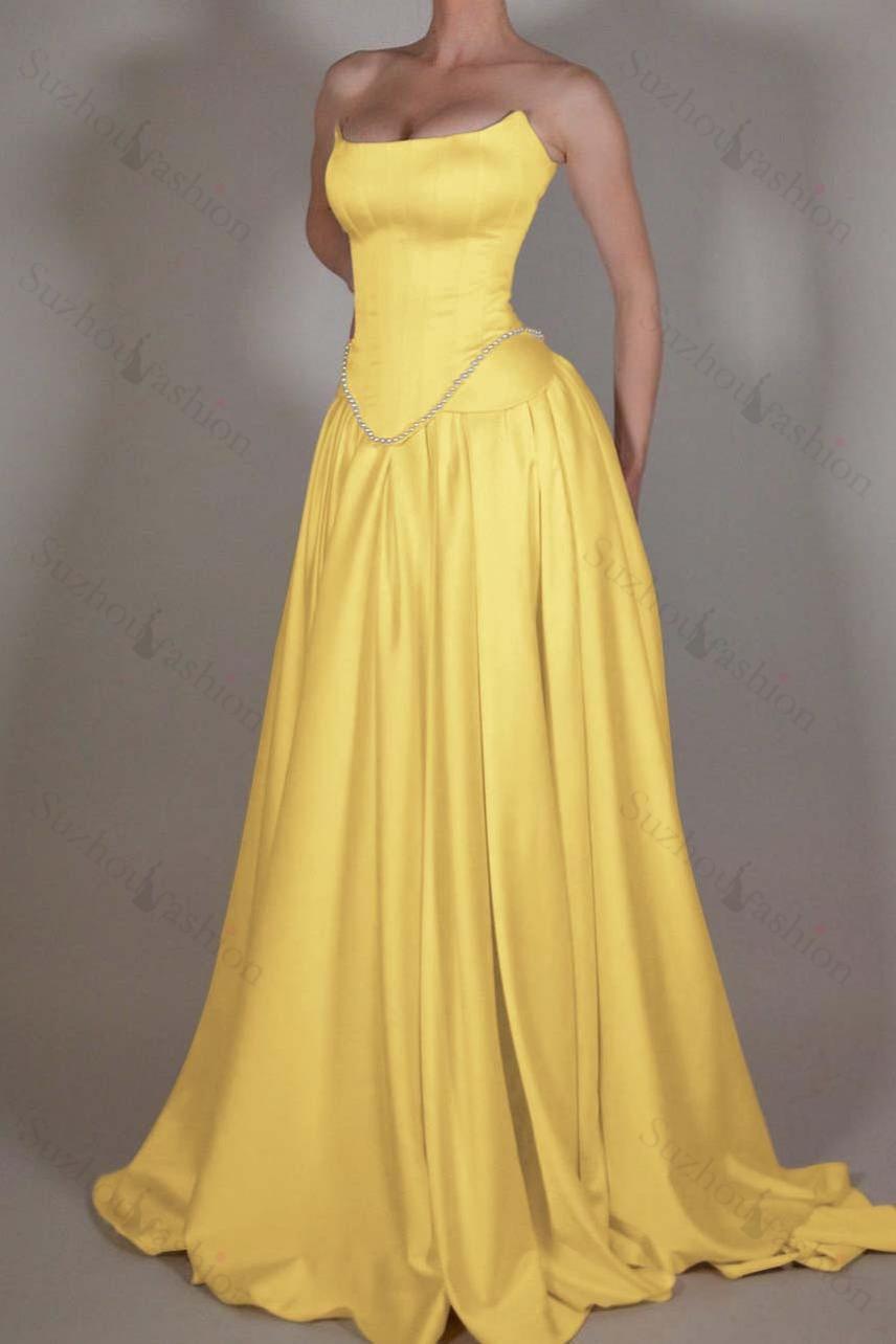 Strapless Sleeveless Long A Line Evening Formal Dress With Pleated Beading