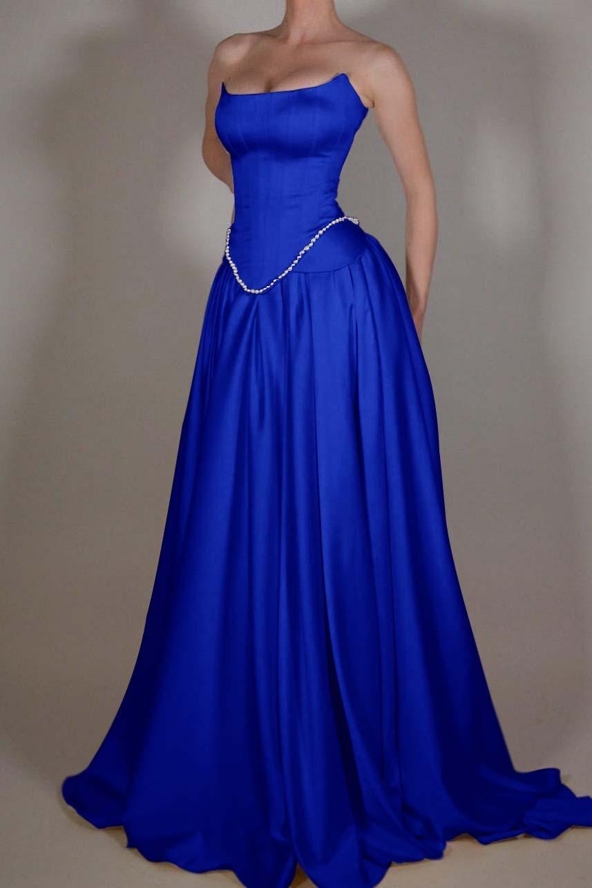 Strapless Sleeveless Long A Line Evening Formal Dress With Pleated Beading