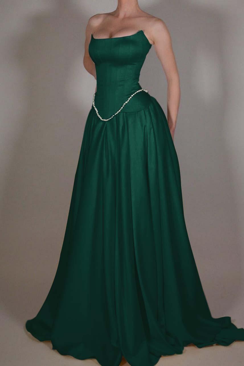 Strapless Sleeveless Long A Line Evening Formal Dress With Pleated Beading