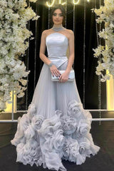 Strapless Sleeveless Long Evening Formal Dress With Flower Pleated Ruffle