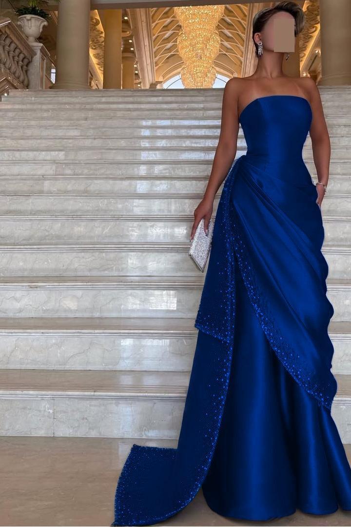 Strapless Sleeveless Long Evening Formal Dress With Pleated Beading