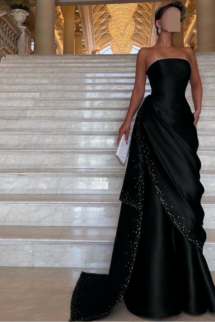 Strapless Sleeveless Long Evening Formal Dress With Pleated Beading