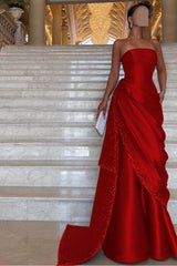 Strapless Sleeveless Long Evening Formal Dress With Pleated Beading