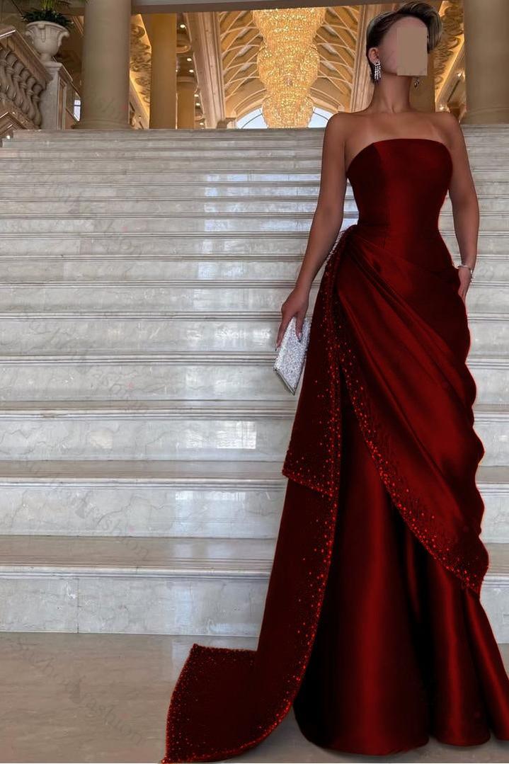 Strapless Sleeveless Long Evening Formal Dress With Pleated Beading