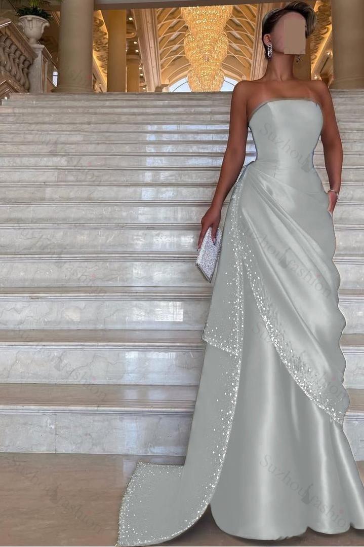 Strapless Sleeveless Long Evening Formal Dress With Pleated Beading