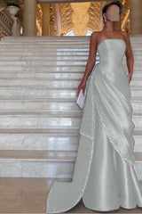 Strapless Sleeveless Long Evening Formal Dress With Pleated Beading