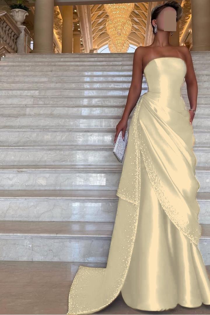 Strapless Sleeveless Long Evening Formal Dress With Pleated Beading