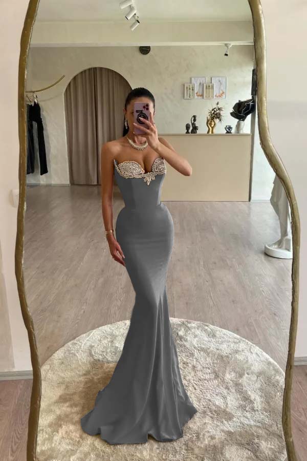 Strapless Sleeveless Long Mermaid Evening Formal Dress With Beading Pleated