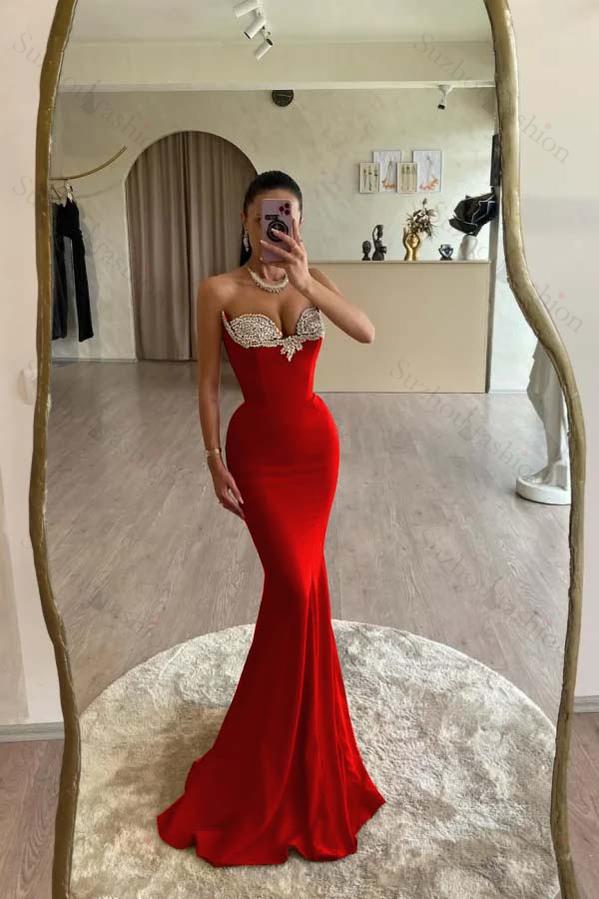 Strapless Sleeveless Long Mermaid Evening Formal Dress With Beading Pleated