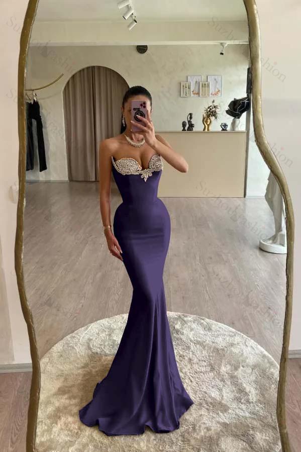 Strapless Sleeveless Long Mermaid Evening Formal Dress With Beading Pleated