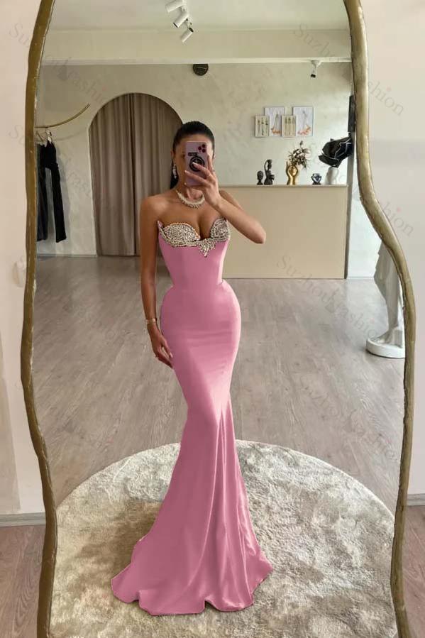 Strapless Sleeveless Long Mermaid Evening Formal Dress With Beading Pleated