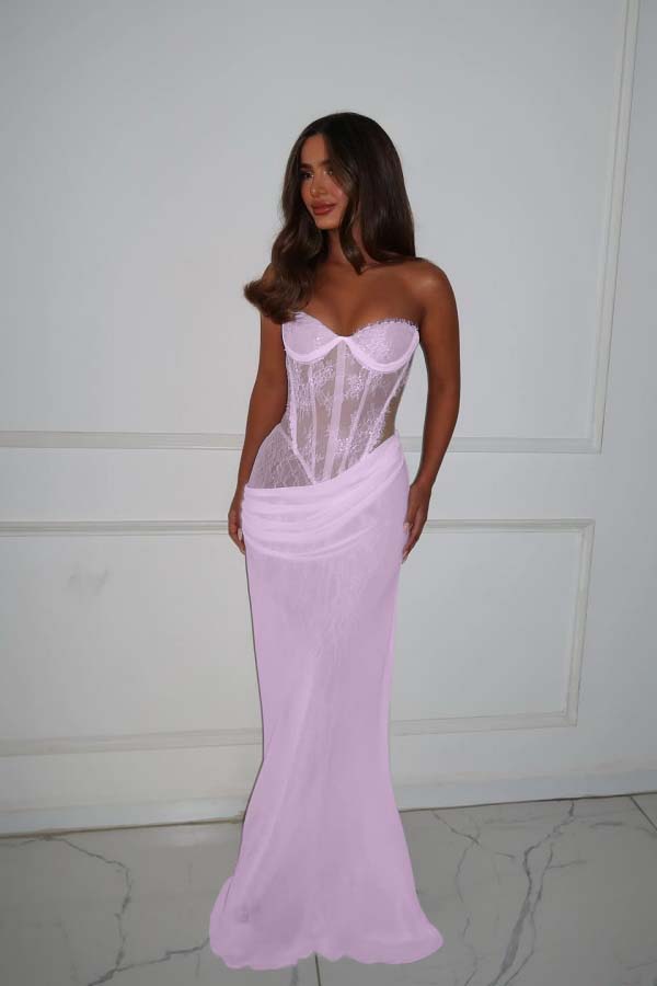 Strapless Sleeveless Long Mermaid Evening Formal Dress With Lace Pleated