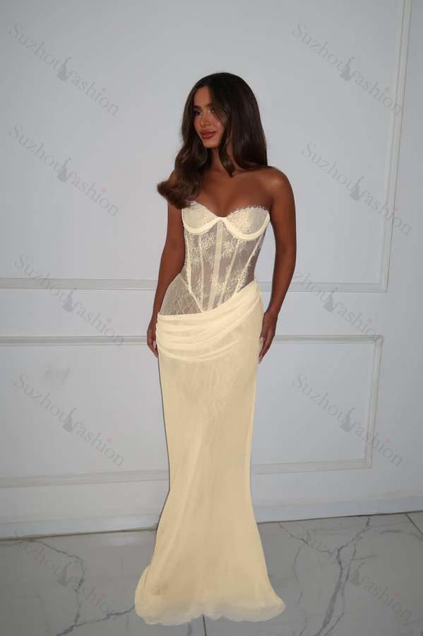 Strapless Sleeveless Long Mermaid Evening Formal Dress With Lace Pleated