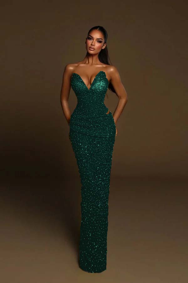 Strapless Sleeveless Long Mermaid Evening Formal Dress With Pleated Beading