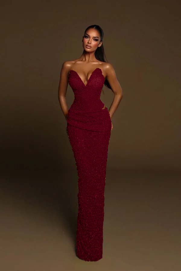 Strapless Sleeveless Long Mermaid Evening Formal Dress With Pleated Beading