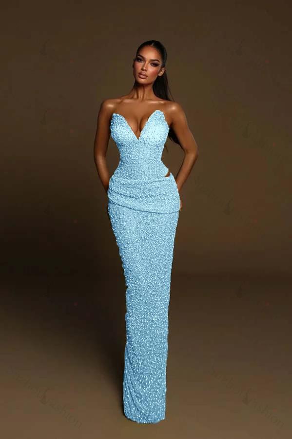 Strapless Sleeveless Long Mermaid Evening Formal Dress With Pleated Beading