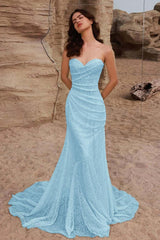 Strapless Sleeveless Long Mermaid Evening Formal Dress With Pleated Sequined