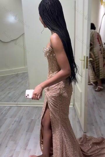 Strapless Sleeveless Long Mermaid Evening Formal Dress With Sequined Split