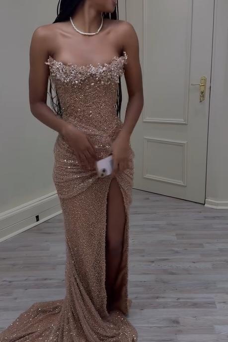 Strapless Sleeveless Long Mermaid Evening Formal Dress With Sequined Split