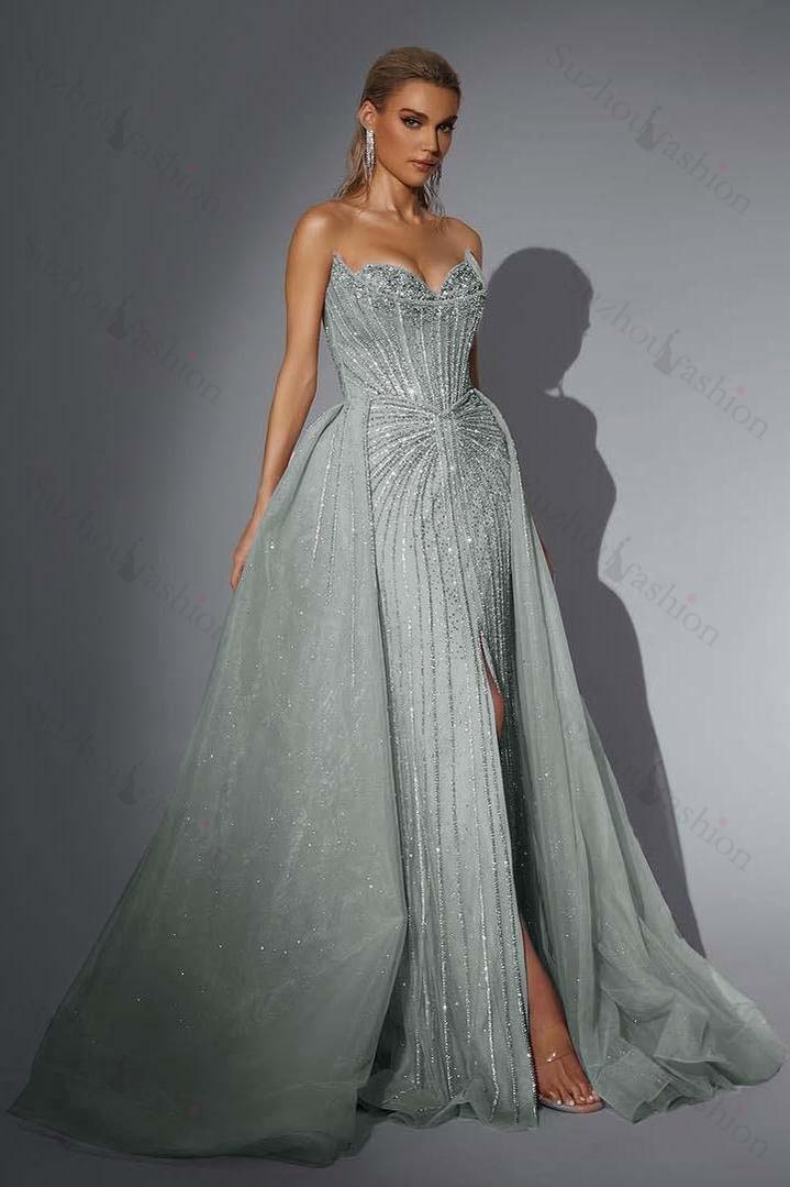 Strapless Sleeveless Long Mermaid Evening Formal Dress With Split Sequined