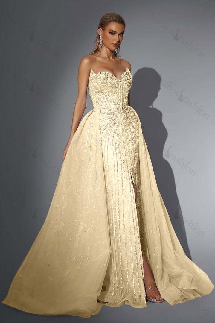 Strapless Sleeveless Long Mermaid Evening Formal Dress With Split Sequined
