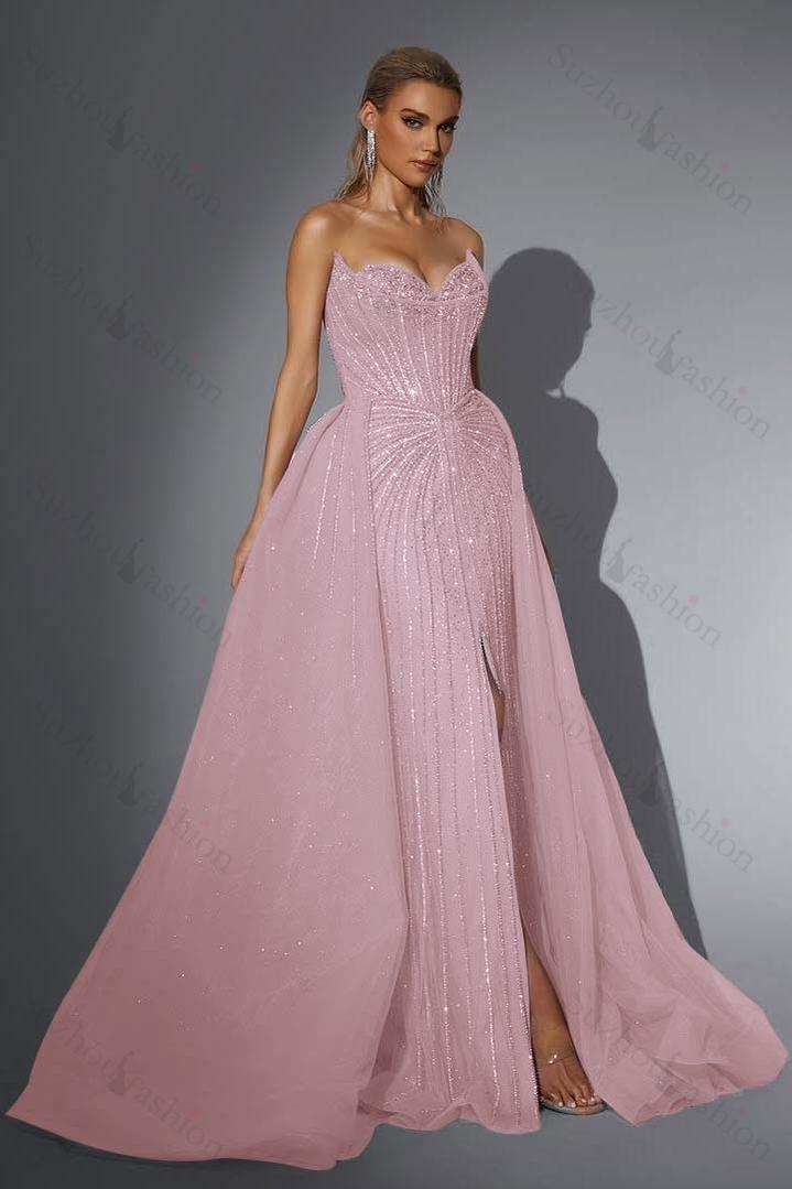 Strapless Sleeveless Long Mermaid Evening Formal Dress With Split Sequined