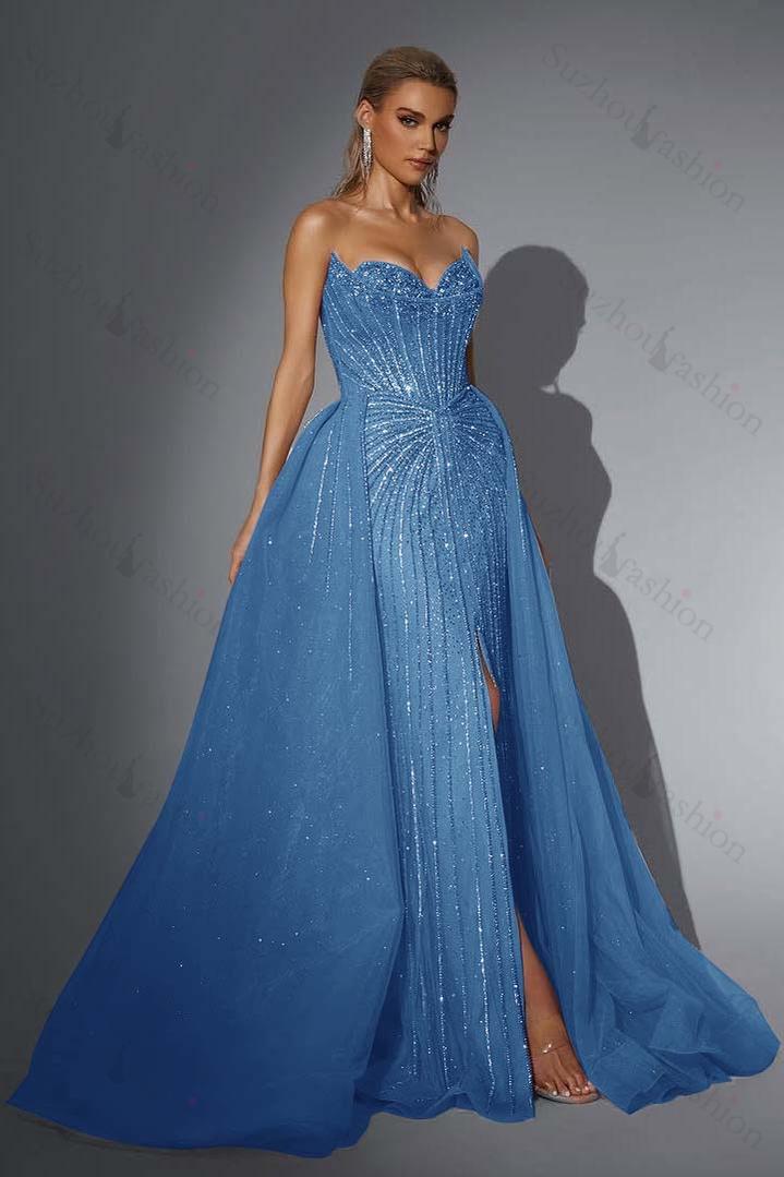 Strapless Sleeveless Long Mermaid Evening Formal Dress With Split Sequined