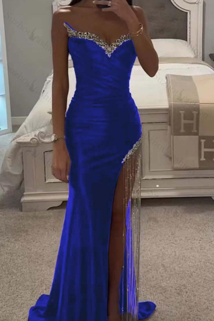 Strapless Sleeveless Long Mermaid Evening Formal Dress With Split Tassel Beading