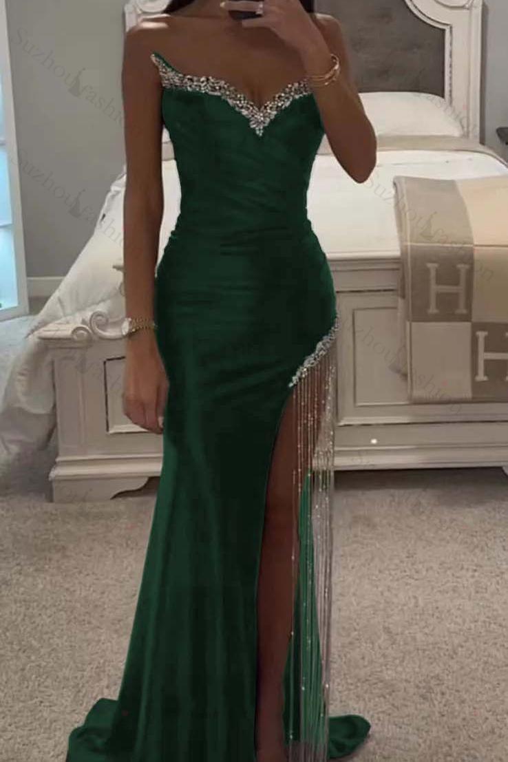 Strapless Sleeveless Long Mermaid Evening Formal Dress With Split Tassel Beading