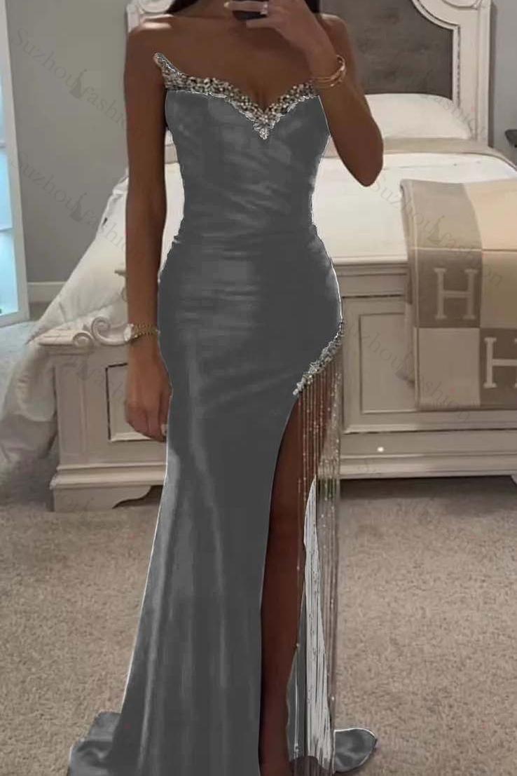 Strapless Sleeveless Long Mermaid Evening Formal Dress With Split Tassel Beading