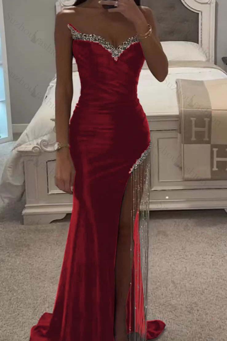 Strapless Sleeveless Long Mermaid Evening Formal Dress With Split Tassel Beading